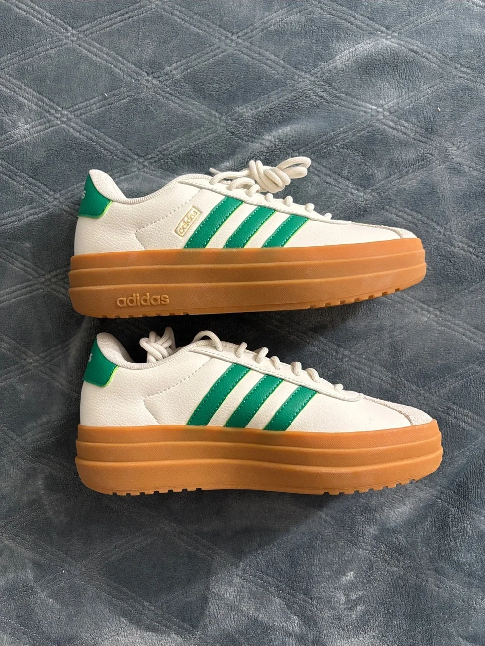 adidas Women’s White Sneakers with Green Stripes and Gum Platform Sole